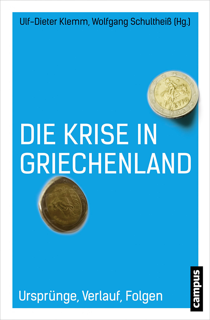 Buchcover: Die Krise in Griechenland, 2 Euro Münzen, blauer Hintergrund