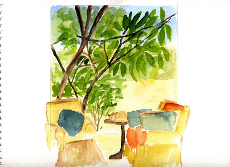 Gemälde, Wasserfarben, Sessel, Garten, Baum